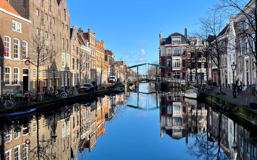 Houses reflected in a canal on a sunny day witih a blue sky